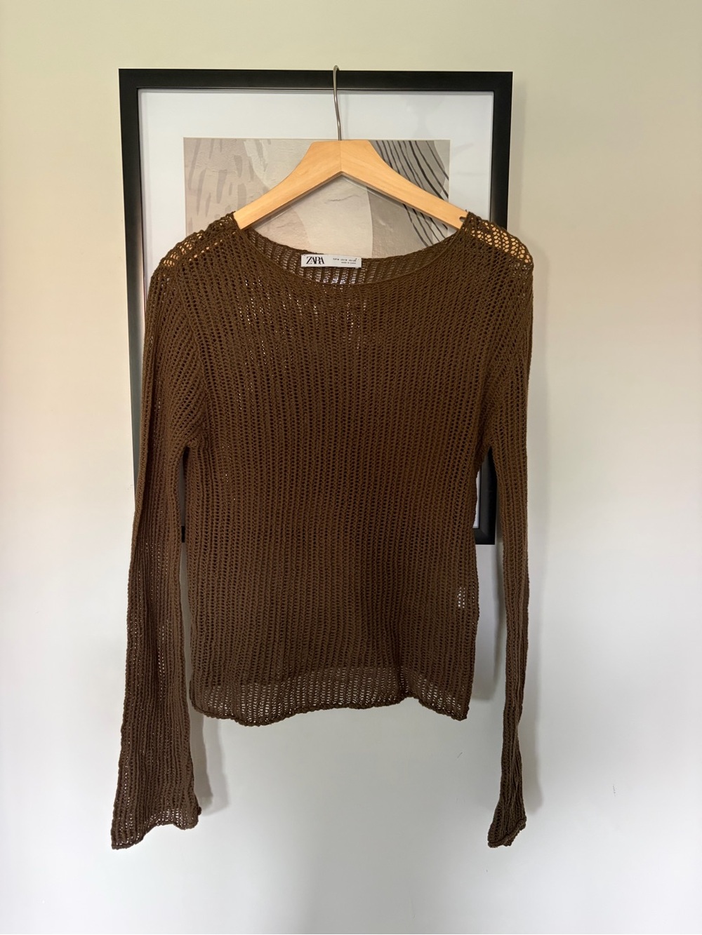 Zara Brown Open-Weave Long-Sleeve Knit Top